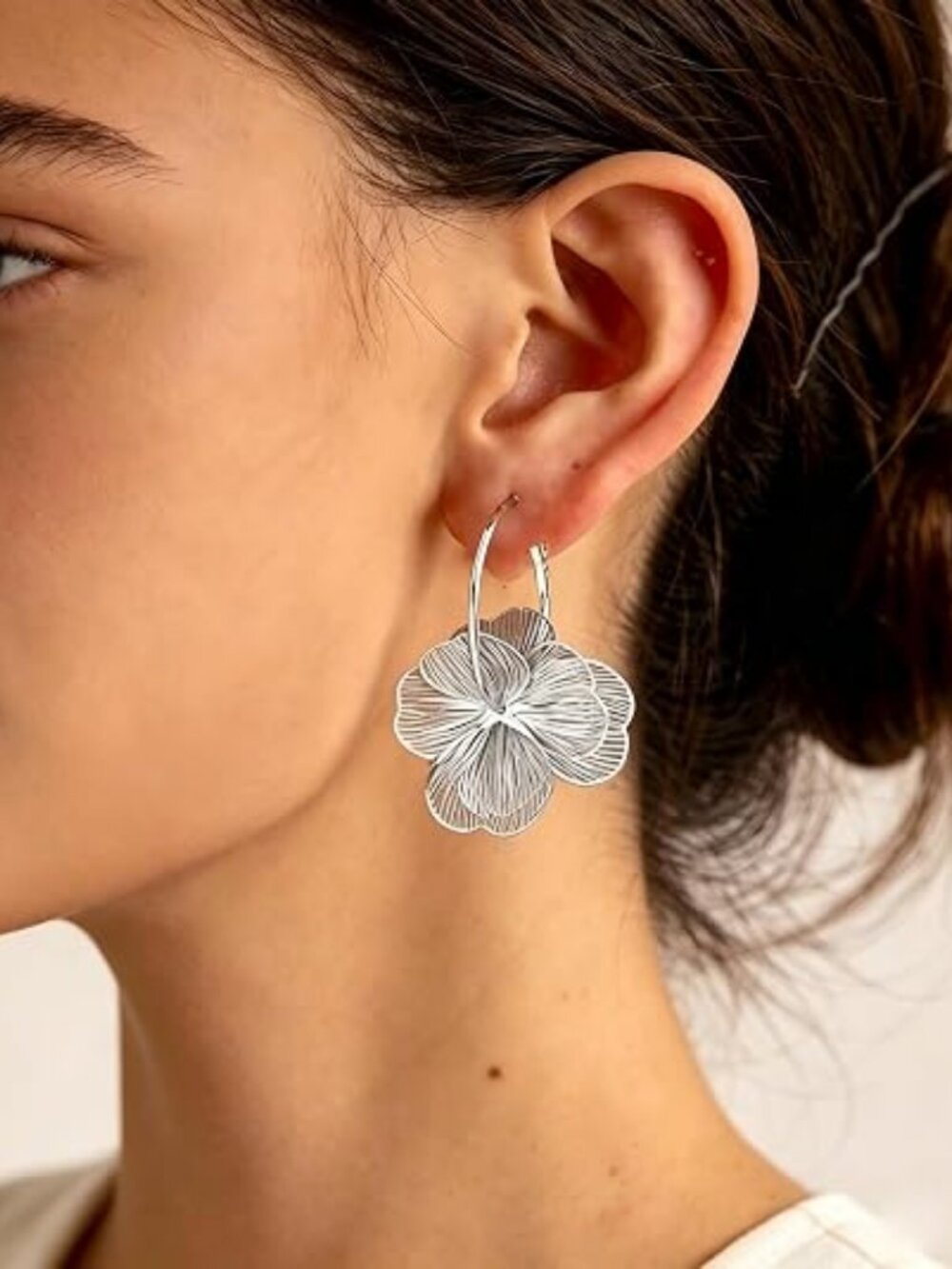 Gold Silver Flower Dangle Earrings for Women - Picture 3 of 7